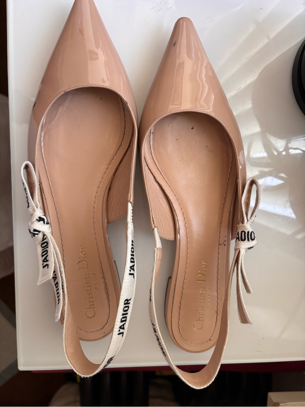 Dior Nude Patent Pointed Slingback Flats with J'Adior Ribbon